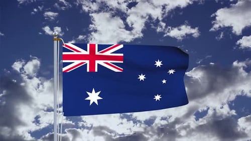 Realistic Australian Flag Waving on a Pole Against Blue Sky