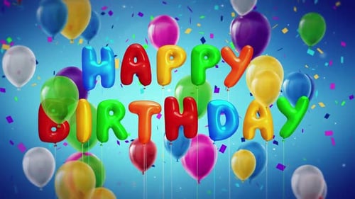 Happy Birthday Text Animation with Colorful Balloons and Confetti