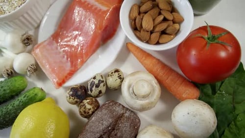 Assortment of Healthy Foods: Fruits, Vegetables, and Fish