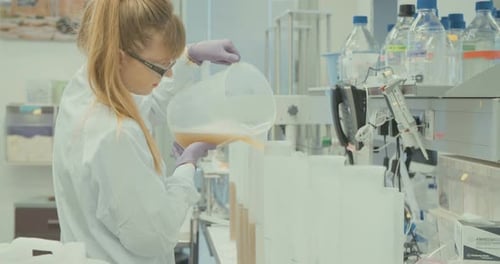 Scientist Pours Liquid into Containers in Laboratory