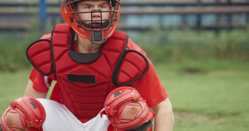College Sports, Baseball Catcher Teenage Catches a Fastball, Slow Motion