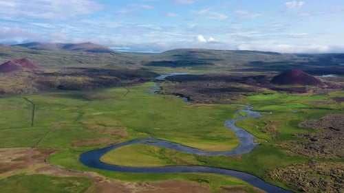 Iceland. Aerial view on mountain, field and river. Landscape in Iceland at the day time