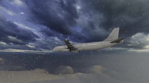Airplane Flying Through Snowy Sky and Dark Clouds