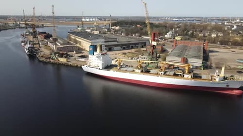 Cargo ship aerial view in port