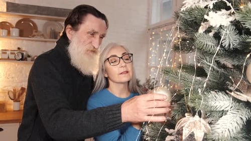 Senior Couple Decorating Christmas Tree Together at Home
