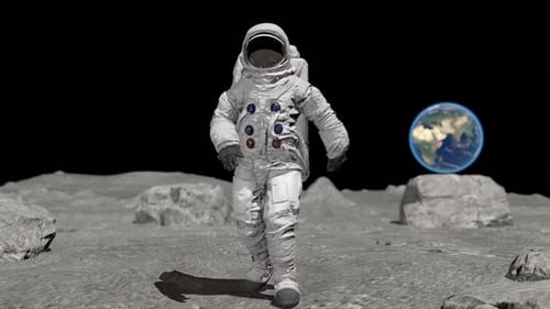 Astronaut Walking on Moon Surface with Earth in Distance