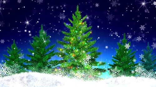 Festive Christmas Tree Scene with Falling Snow and Sparkling Lights