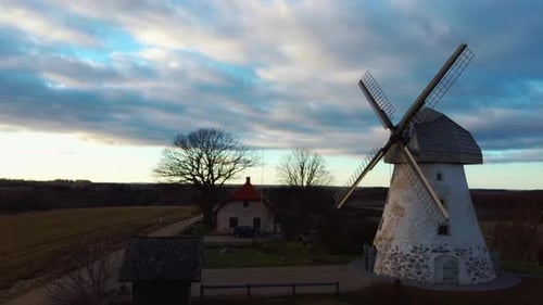 Old Araisi Windmill in Latvia Aerial Shot From Above. Winter Day at Sunrise. This Is the Only Windmi