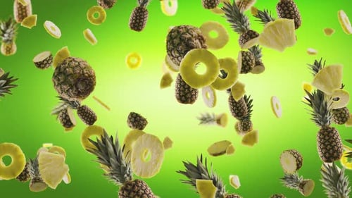 Pineapples with Slices Falling on Green Background