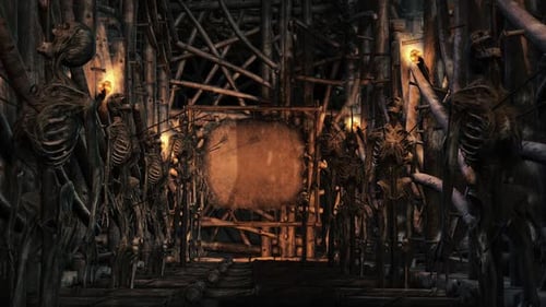 Dark Eerie Dungeon Scene with Skeletons and Torches