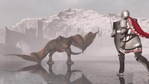 Medieval Knight Fights a Firebreathing Dragon in the Background