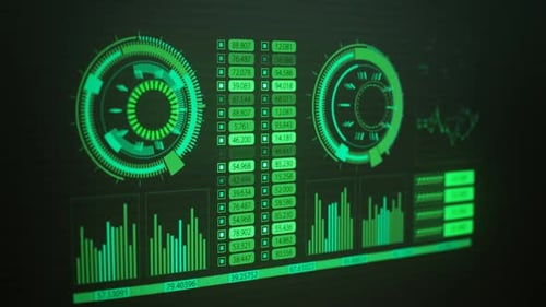 Green Futuristic HUD Data Interface with Animated Graphs