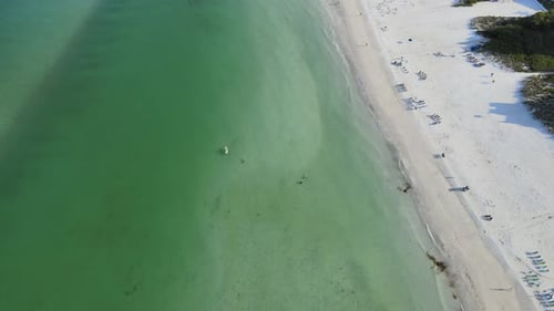 Aerial view moving down the beach showing several beach chairs setup along the water line. The Flori