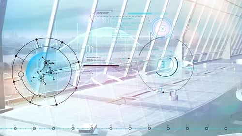 Helles modernes Büropanorama mit abstrakten Infografiken 4