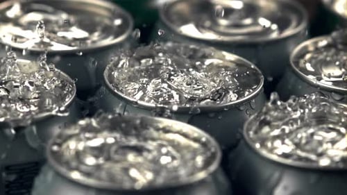 Super Slow Motion on Tin Beer Bottles Drops Water