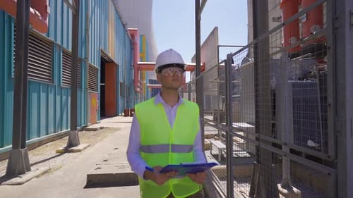 Ingénieur marchant dans un champ à haute tension.