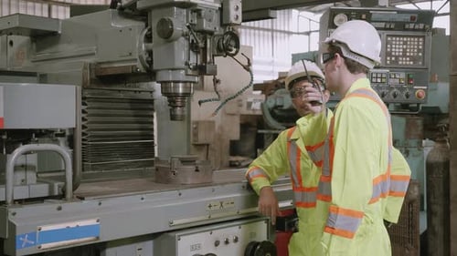 Workers Inspect Manufacturing Equipment in Industrial Setting