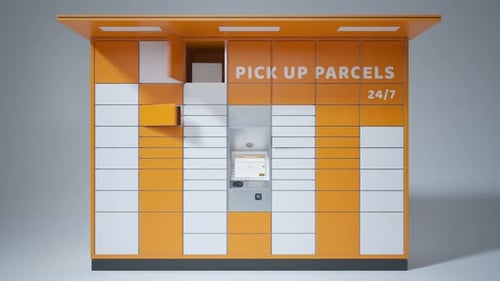 Loopable timelapse animation of the parcel locker. Doors open and close rapidly.