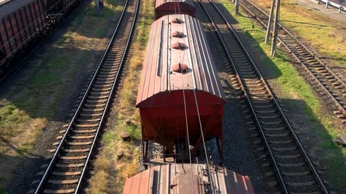 Aerial View of Railcars on Parallel Tracks