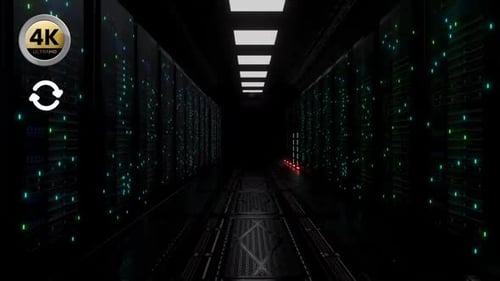 Traveling Through a Dark Futuristic Server Room Corridor