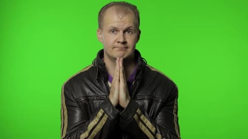 Handsome Man Hands in Prayer and Begging, Asking Permission Heartily, Apologize, Forgive, Chroma Key