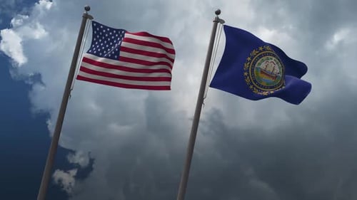 United States and New Hampshire Flags Waving in Wind