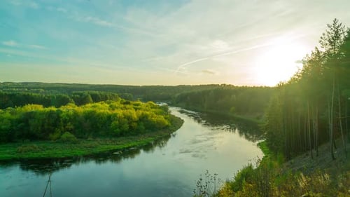 Autumn landscape with river, panoramic time-lapse