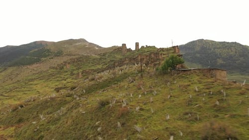 Ancient Towers and Ruins of the Abandoned Village on a Cliff