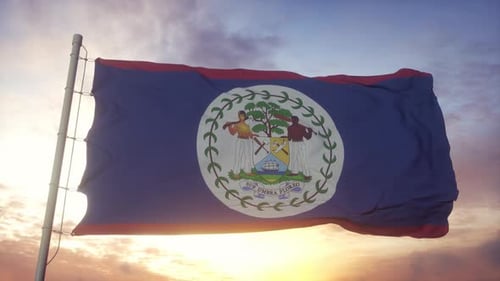 Belize National Flag Waving in Golden Sunset Light