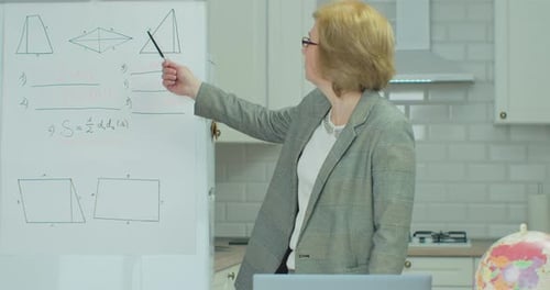 School Adult Woman Teacher Working From Home Teach Online Math Subject To Student Studying From Home
