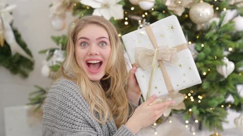 Woman Holding Wrapped Present in Front of Christmas Tree