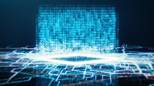 Futuristic Data Processing Grid with Binary Code Flow