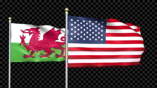 Waving Flags of Wales and United States Loop with Alpha Channel