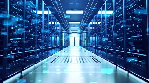 Camera Moving Through Rack Servers in Data Center. Big Data Storage. Modern Internet Network