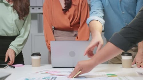 Close up hands of businessman and woman people group meeting brainstorm and work as team in office.