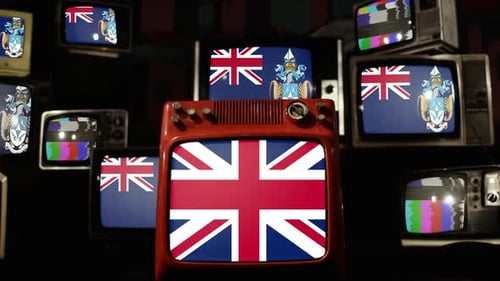 Vintage Televisions Displaying Static and the UK Flag