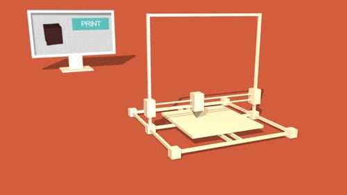 Simple Animation of Printing a plant box with a 3D Printer. Red Background.