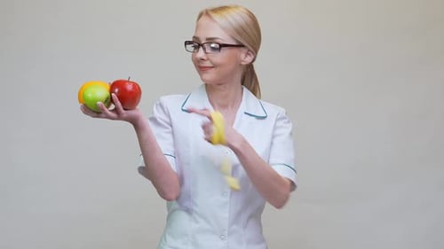 Woman in Coat Holds Fruit and Tape Measure