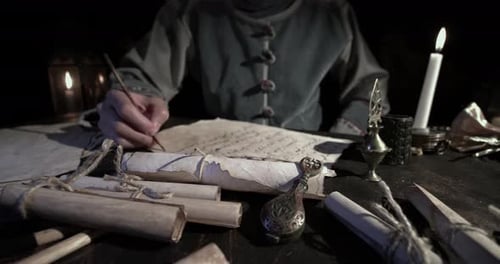 Person Writing with Quill on Parchment Scroll
