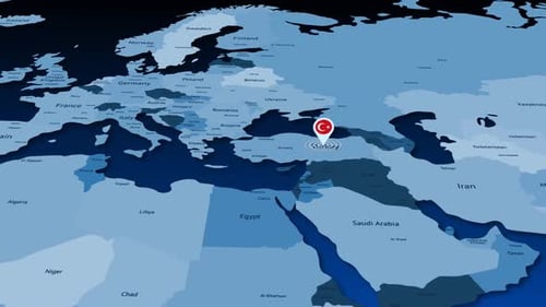Animated World Map Zooming to Turkey Location Pin with Flag