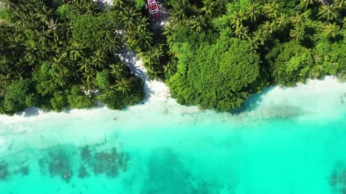 Aerial view panorama of exotic tourist beach voyage by aqua blue water with white sand background of