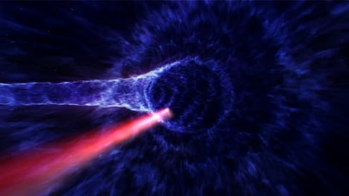 Animation eines Warptunnels im Weltraum, der sich mit Lichtgeschwindigkeit bewegt.