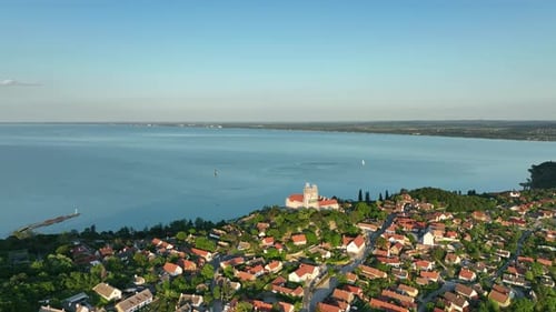 Aerial view of Tihany village overlooking Lake Balaton in Hungary