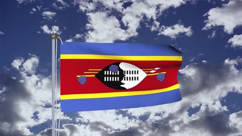 Eswatini National Flag Waving on a Pole Against Blue Sky