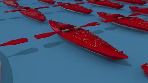 Red Kayaks and Paddles Animated on Blue Water Loop