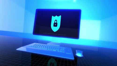Animated Security Shield Icon on Futuristic Computer Monitor
