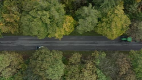 Prise de vue aérienne d'une voiture qui roule vite sur une rue aux couleurs d'automne dans une forêt avec o