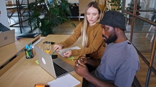 Un black et une femme blonde discutent de variantes de projet faisant une présentation commerciale pour le client