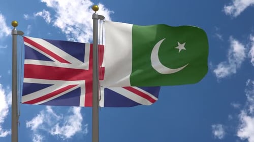United Kingdom And Pakistan Flags Waving In Wind