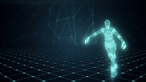 Dancing Blue Character Artificial Intelligence on the Technological Background